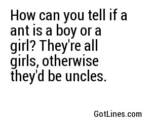 How can you tell if a ant is a boy or a girl? They're all girls, otherwise they'd be uncles.

