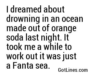 I dreamed about drowning in an ocean made out of orange soda last night. It took me a while to work out it was just a Fanta sea.
