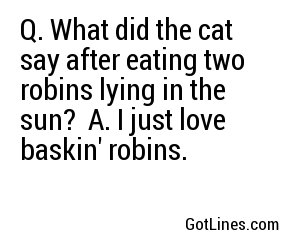 Q. What did the cat say after eating two robins lying in the sun?
A. I just love baskin' robins.
