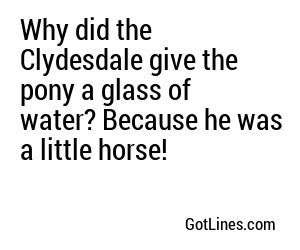 Why did the Clydesdale give the pony a glass of water? Because he was a little horse!
