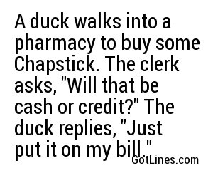 A duck walks into a pharmacy to buy some Chapstick. The clerk asks, 
