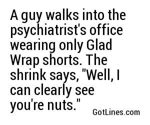 A guy walks into the psychiatrist's office wearing only Glad Wrap shorts. The shrink says, 