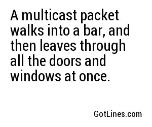 A multicast packet walks into a bar, and then leaves through all the doors and windows at once.
