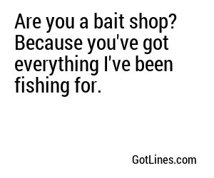 Are you a bait shop? Because you've got everything I've been fishing for.
