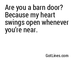 Are you a barn door? Because my heart swings open whenever you’re near.
