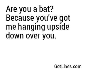 Are you a bat? Because you’ve got me hanging upside down over you.
