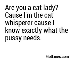Are you a cat lady? Cause I'm the cat whisperer cause I know exactly what the pussy needs.
