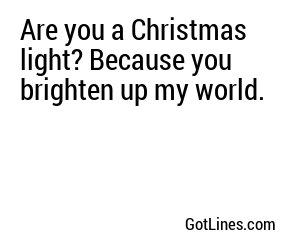 Are you a Christmas light? Because you brighten up my world.
