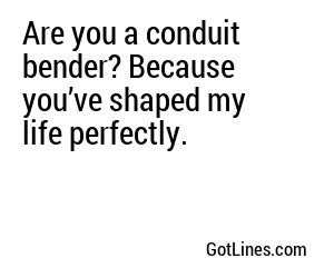 Are you a conduit bender? Because you’ve shaped my life perfectly.

