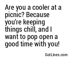 Are you a cooler at a picnic? Because you’re keeping things chill, and I want to pop open a good time with you!