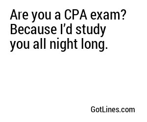 Are you a CPA exam? Because I’d study you all night long.

