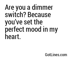 Are you a dimmer switch? Because you’ve set the perfect mood in my heart.

