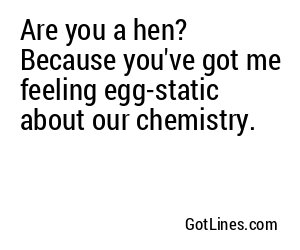 Are you a hen? Because you've got me feeling egg-static about our chemistry.