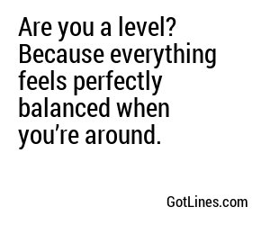 Are you a level? Because everything feels perfectly balanced when you’re around.
