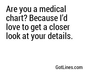 Are you a medical chart? Because I’d love to get a closer look at your details.
