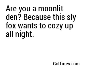 Are you a moonlit den? Because this sly fox wants to cozy up all night.