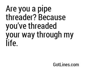 Are you a pipe threader? Because you’ve threaded your way through my life.
