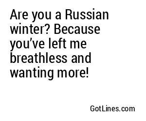 Are you a Russian winter? Because you’ve left me breathless and wanting more!