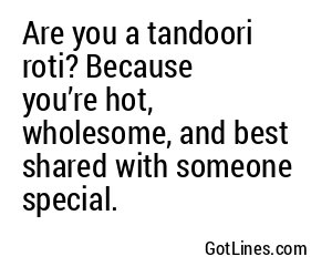 Are you a tandoori roti? Because you’re hot, wholesome, and best shared with someone special.