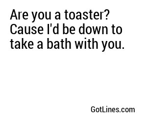 Are you a toaster? Cause I'd be down to take a bath with you.
