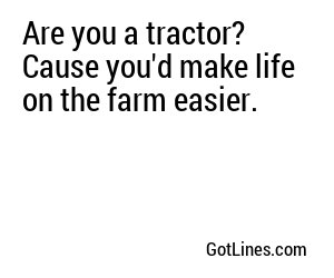 Are you a tractor? Cause you'd make life on the farm easier.
