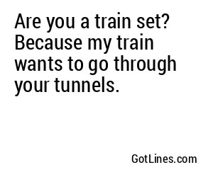 Are you a train set? Because my train wants to go through your tunnels.