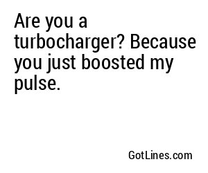 Are you a turbocharger? Because you just boosted my pulse.