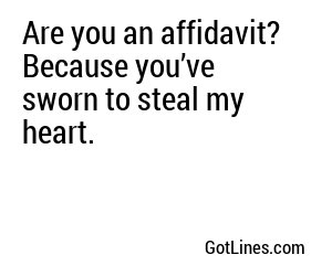 Are you an affidavit? Because you’ve sworn to steal my heart.
