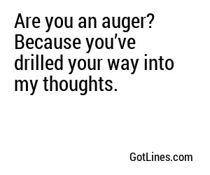 Are you an auger? Because you’ve drilled your way into my thoughts.
