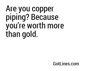 Are you copper piping? Because you’re worth more than gold.
