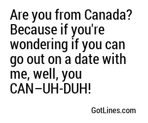 Are you from Canada? Because if you're wondering if you can go out on a date with me, well, you CAN–UH-DUH!
