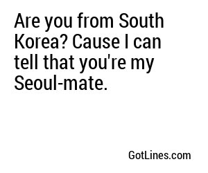 Are you from South Korea? Cause I can tell that you're my Seoul-mate.
