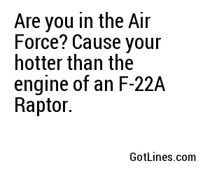 Are you in the Air Force? Cause your hotter than the engine of an F-22A Raptor.
