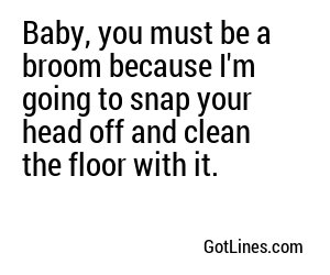 Baby, you must be a broom because I'm going to snap your head off and clean the floor with it.
