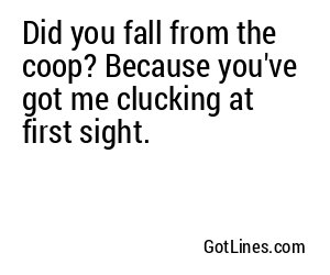 Did you fall from the coop? Because you've got me clucking at first sight.