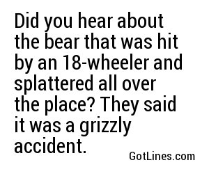 Did you hear about the bear that was hit by an 18-wheeler and splattered all over the place? They said it was a grizzly accident.
