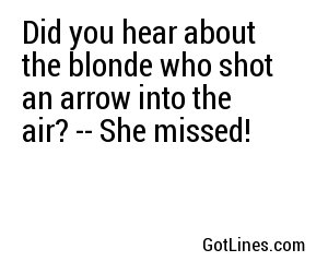 Did you hear about the blonde who shot an arrow into the air? -- She missed!