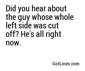 Did you hear about the guy whose whole left side was cut off? He's all right now.