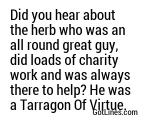 Did you hear about the herb who was an all round great guy, did loads of charity work and was always there to help? He was a Tarragon Of Virtue.
