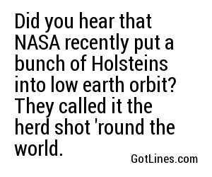Did you hear that NASA recently put a bunch of Holsteins into low earth orbit? They called it the herd shot 'round the world.