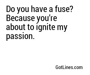Do you have a fuse? Because you’re about to ignite my passion.
