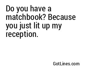 Do you have a matchbook? Because you just lit up my reception.