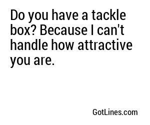 Do you have a tackle box? Because I can't handle how attractive you are.
