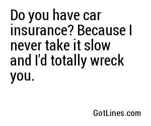 Do you have car insurance? Because I never take it slow and I'd totally wreck you.
