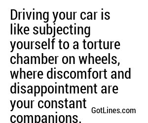 Driving your car is like subjecting yourself to a torture chamber on wheels, where discomfort and disappointment are your constant companions.
