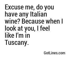 Excuse me, do you have any Italian wine? Because when I look at you, I feel like I’m in Tuscany.
