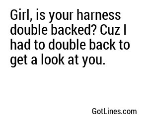Girl, is your harness double backed? Cuz I had to double back to get a look at you.	
