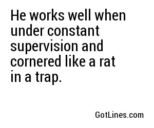 He works well when under constant supervision and cornered like a rat in a trap.