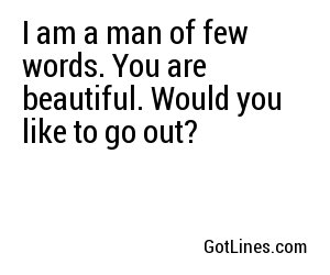 I am a man of few words. You are beautiful. Would you like to go out?