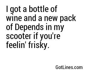 I got a bottle of wine and a new pack of Depends in my scooter if you're feelin' frisky.
